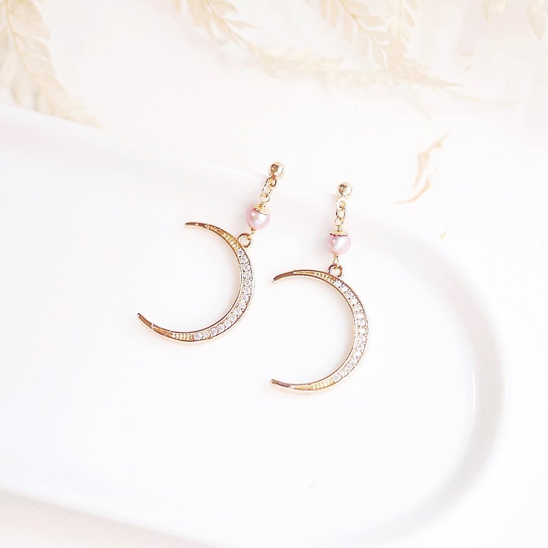 Under the crescent moonlight micro-set zirconium diamond pink purple pearl earrings Clip-On crystal - Earrings & Clip-ons - Gemstone Purple