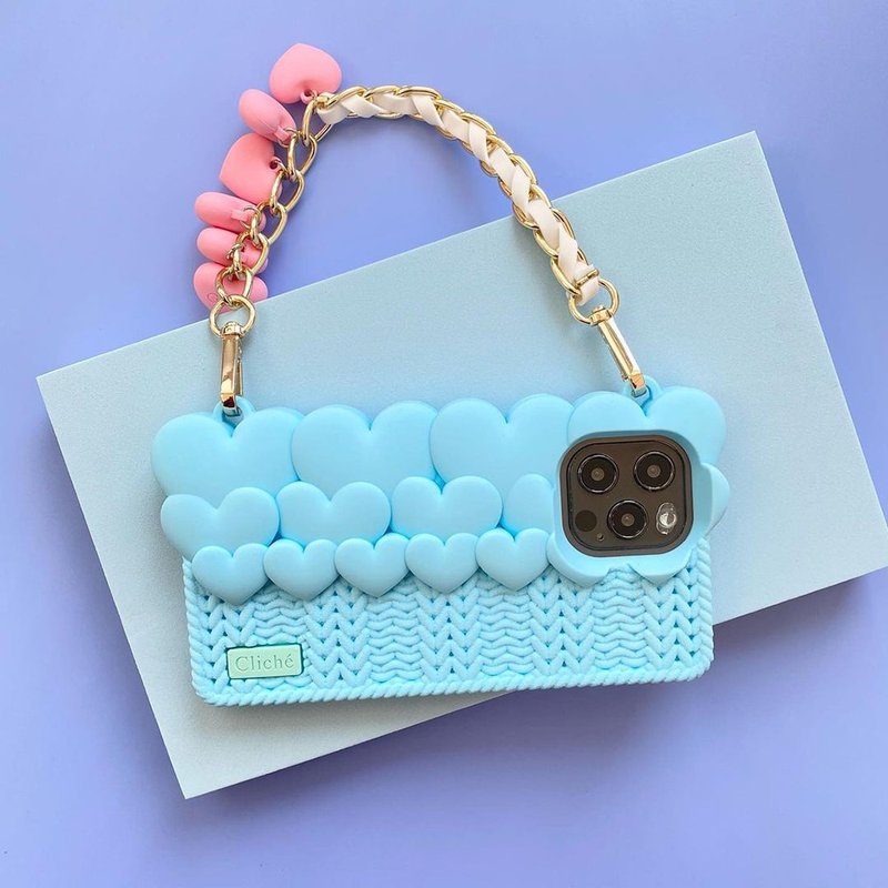 【Candies】Cliche針織愛心晚宴包(藍) - iPhone 12 Pro Max - 手機殼/手機套 - 矽膠 藍色