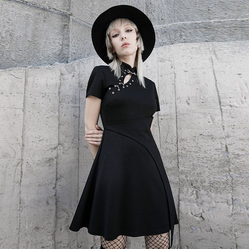 Gothic Alchemist Chinese Stand-Up Collar Dress /*Added a large size* - ชุดเดรส - วัสดุอื่นๆ สีดำ