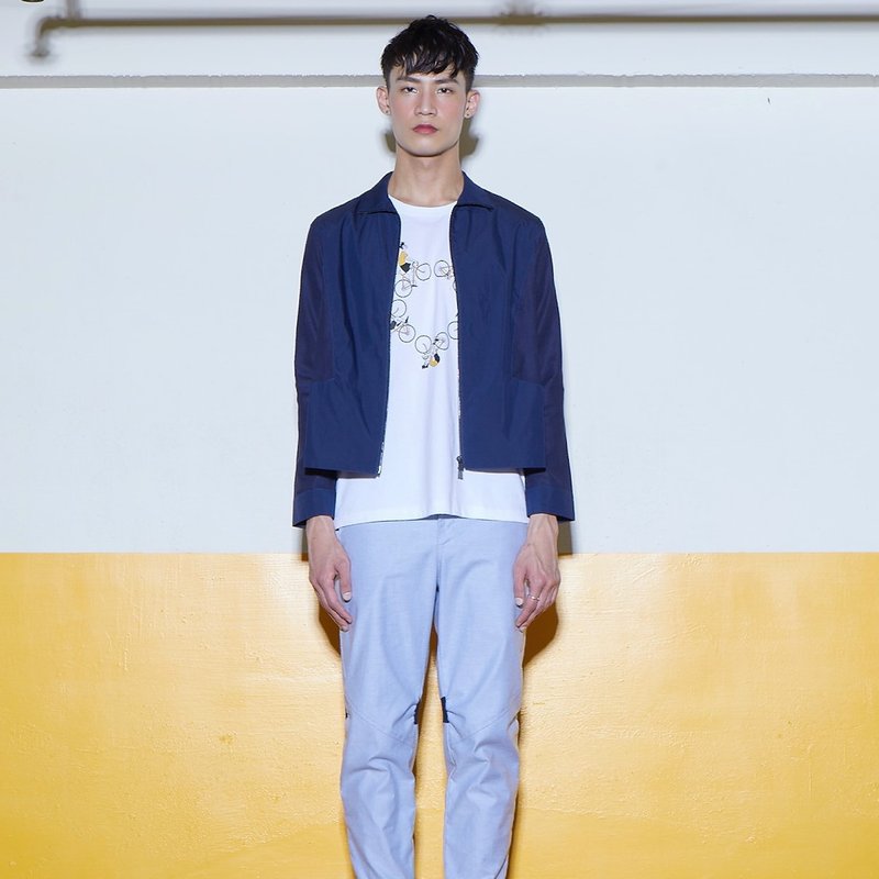 Mesh Cut Stand Collar Jacket (Blue) - เสื้อโค้ทผู้ชาย - ผ้าฝ้าย/ผ้าลินิน สีน้ำเงิน