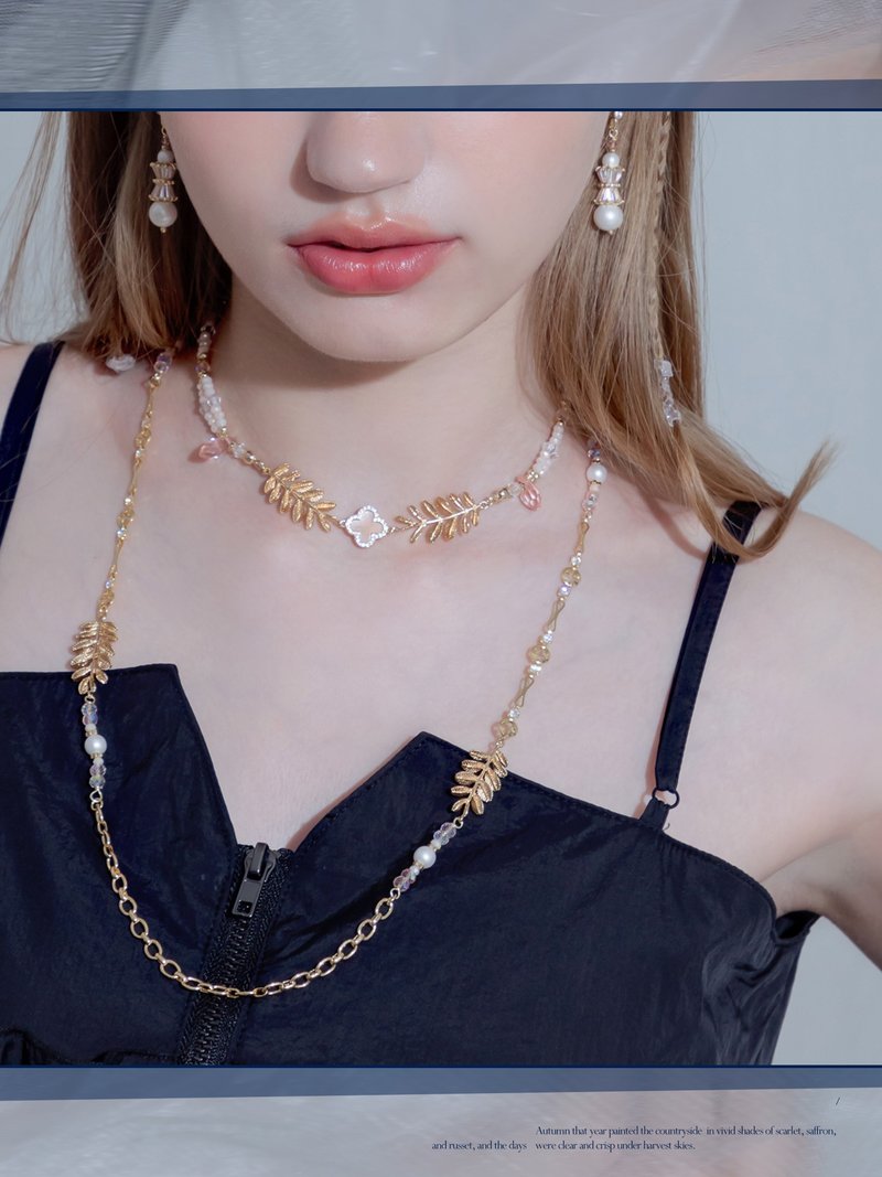 Romantic dreamer. MUCHAT handmade 14KGP shell crystal branch and leaf necklace - สร้อยคอ - โลหะ สีทอง