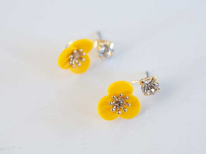 Bijou and flower backcatch earrings, yellow - Earrings & Clip-ons - Glass Yellow