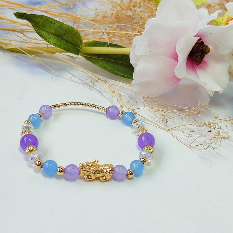 14K gold clad Bronze gold lucky lucky Pixiu crystal chalcedony lucky bracelet fashion lucky elastic bracelet - สร้อยข้อมือ - โลหะ สีม่วง