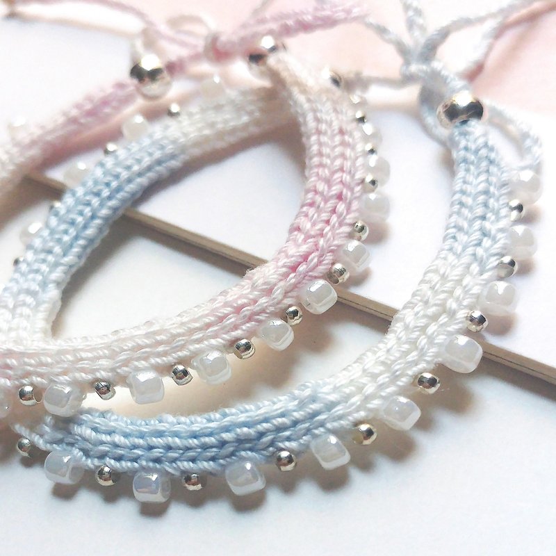 香港原創手織繩自家製手作 印度織線 日本玻璃珠鋼珠客製化 - 手鍊/手環 - 其他材質 粉紅色