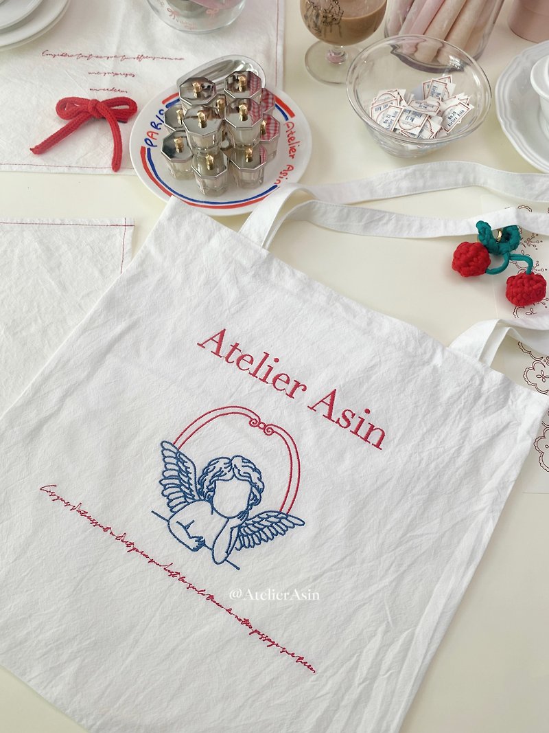 Atelier Asin homemade angel logo embroidered bag - Handbags & Totes - Cotton & Hemp 