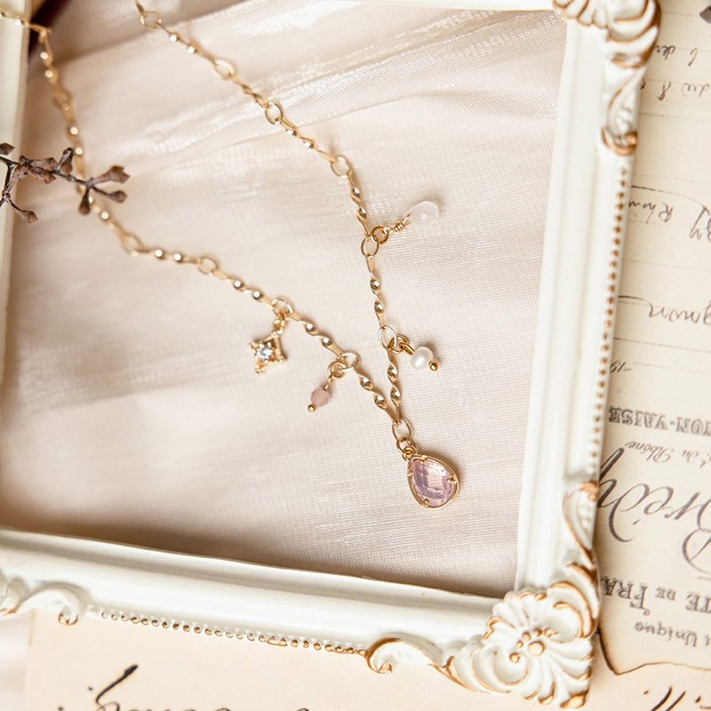 Peach Blossom x Rose Quartz Zircon Stone Pearl [Yesterday’s Impression • Today] Necklace - Necklaces - Gemstone Pink