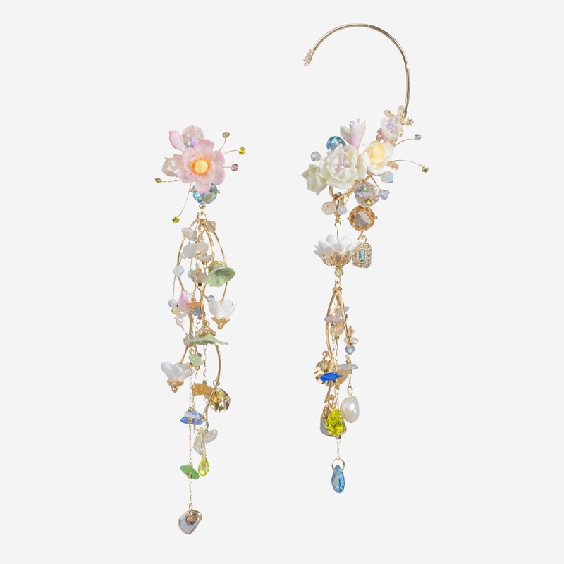Under the Water Glistened Lotus Asymmetric Earrings and Ear Cuff - ต่างหู - ดินเหนียว สึชมพู