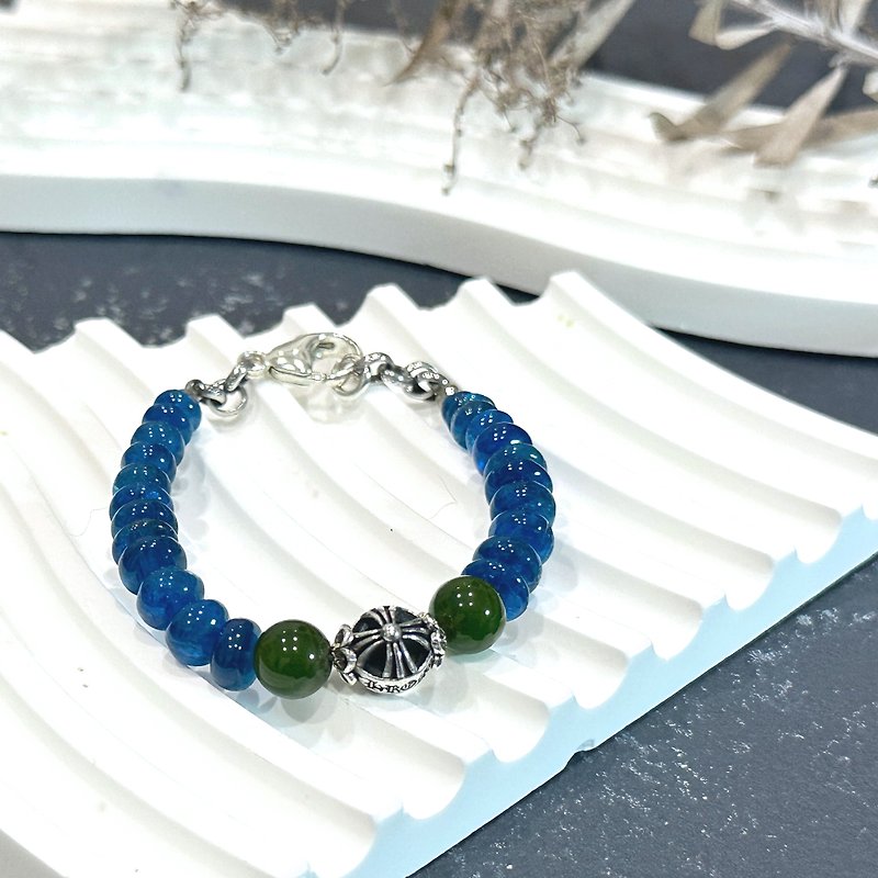 Grade A zoisite Stone Wax sterling silver engraved beads [gift to the Baron] - Bracelets - Gemstone Blue