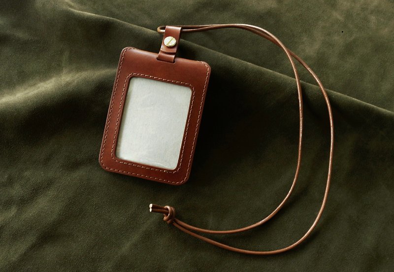 Vintage red Brown cowhide double layer ID holder - ที่ใส่บัตรคล้องคอ - หนังแท้ 