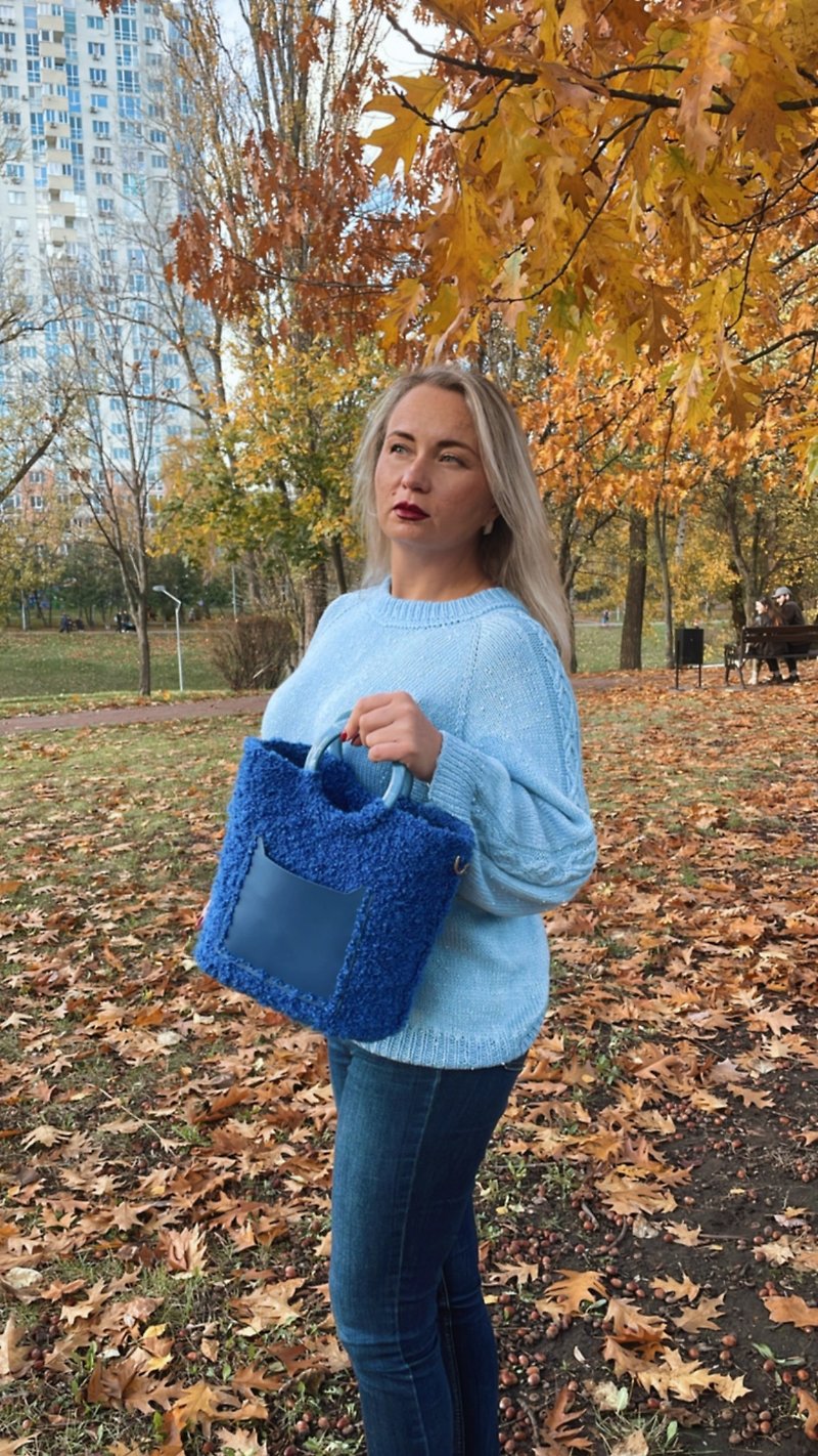 Bag bouclé Bag color jeans Blue bag handmade Crochet bag Bag tote - Handbags & Totes - Polyester Blue