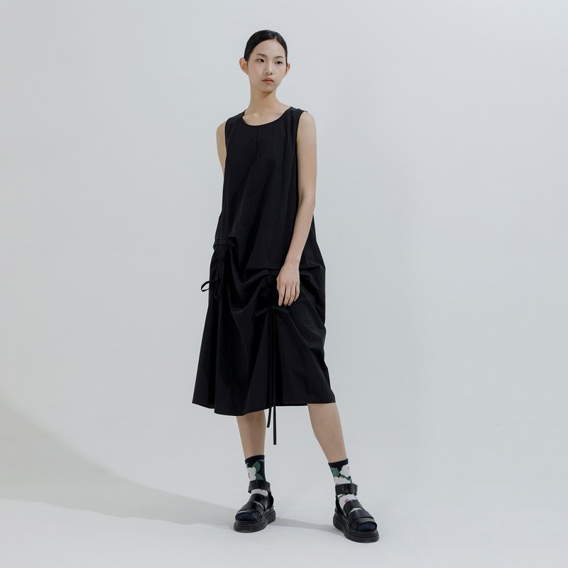 Asymmetric drawstring sleeveless dress - One Piece Dresses - Cotton & Hemp Black