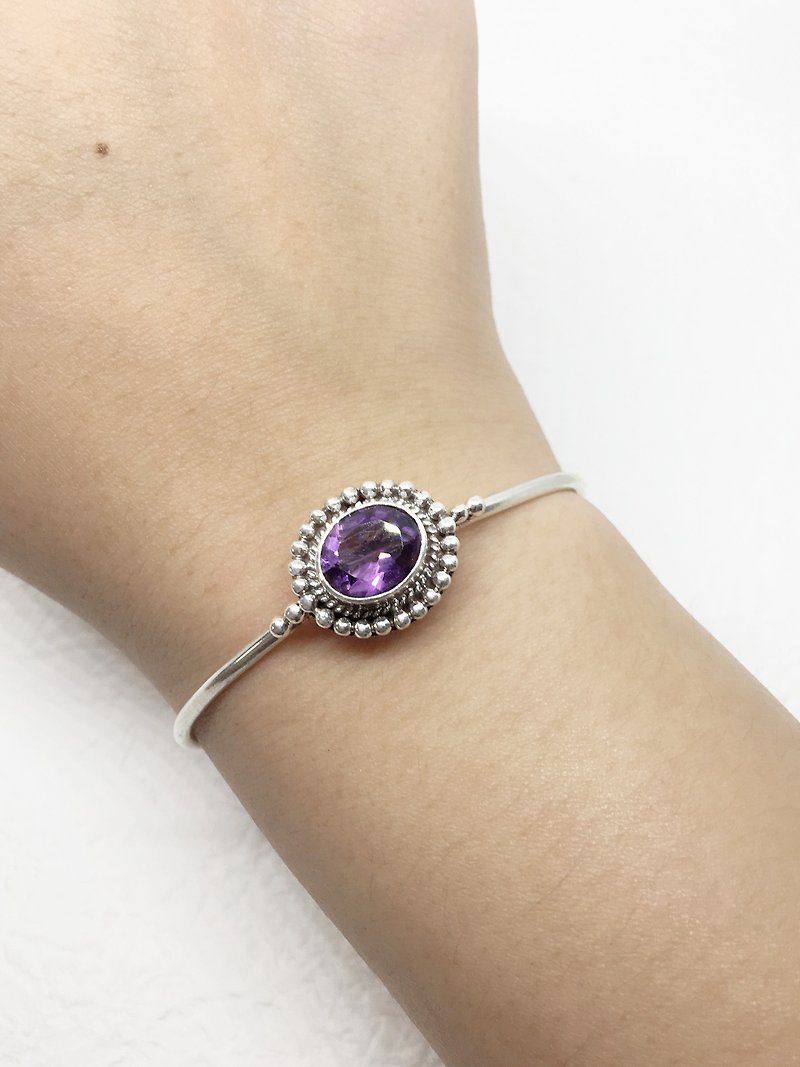 紫水晶925純銀典雅手環手鐲 尼泊爾手工鑲嵌製作 - 手鍊/手環 - 寶石 紫色
