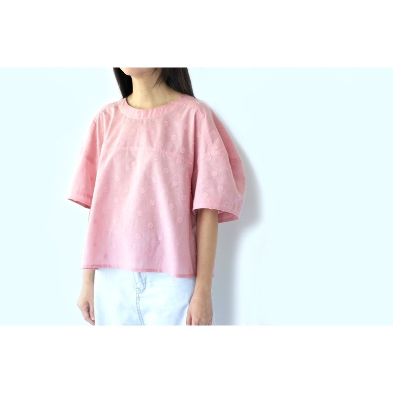 Pink oversized puff sleeve shirt - 女上衣/長袖上衣 - 棉．麻 粉紅色