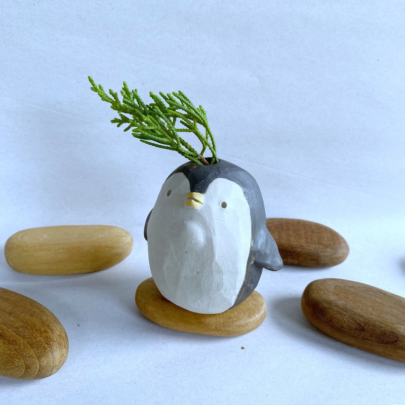 ペンギン花瓶 / ハンドメイドセラミック - 花瓶・植木鉢 - 陶器 ブラック