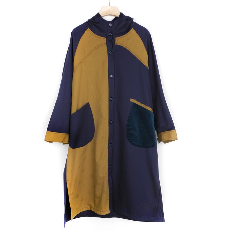 Blue Khaki Color-Block Hooded Trench Coat #U5025 - Women's Casual & Functional Jackets - Cotton & Hemp Brown