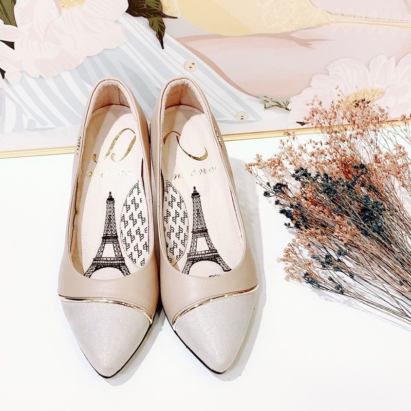 Gold thread stitching pointed heel shoes - elegant pink - รองเท้าส้นสูง - หนังแท้ 