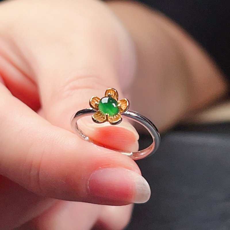 Ice green jade cabochon flower design ring 925 sterling silver | Natural grade A jadeite | Gift - แหวนทั่วไป - หยก สีเขียว