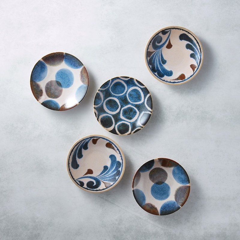 Japanese Mino-yaki-Pen Celadon Painted Small Plate Set (5 Pieces)-Gift Box Set - Small Plates & Saucers - Porcelain Multicolor