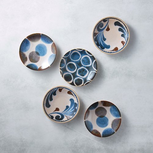 有種創意 日本食器 日本美濃燒 - 筆青釉繪小餐盤組(5件式) - 禮盒組
