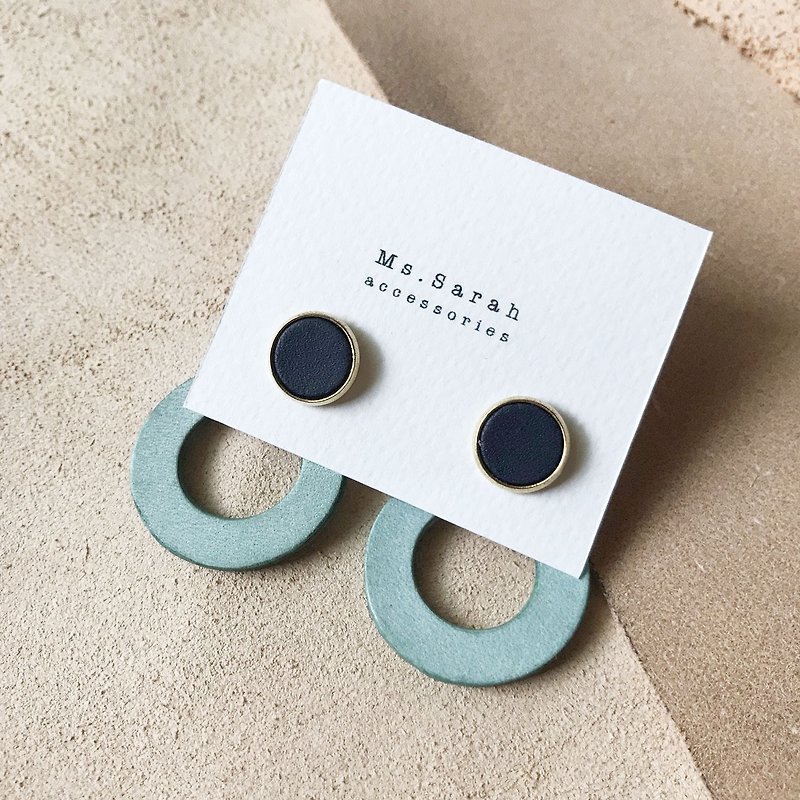 Leather earrings_round frame No.6 work #10_dark blue with mint green - Earrings & Clip-ons - Genuine Leather Blue