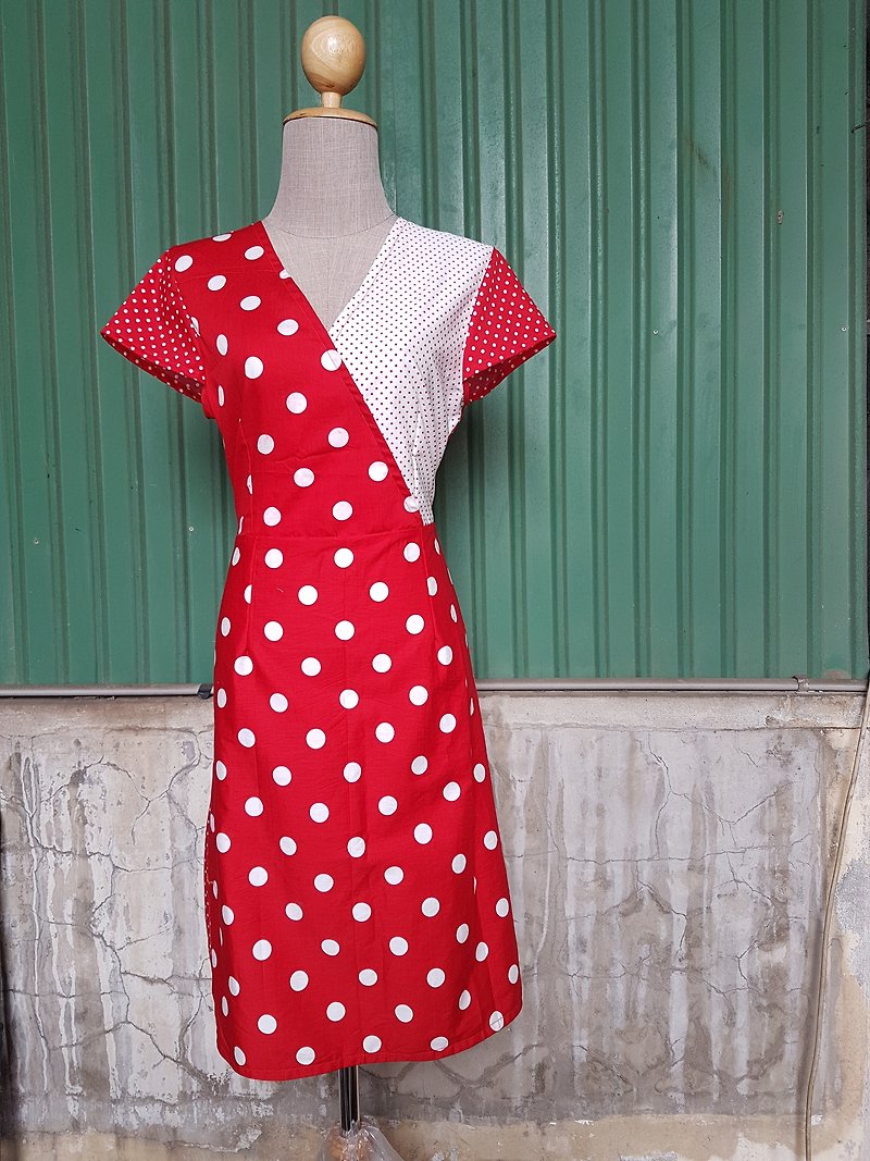 Mix polka dot dress - ชุดเดรส - ผ้าฝ้าย/ผ้าลินิน สีแดง