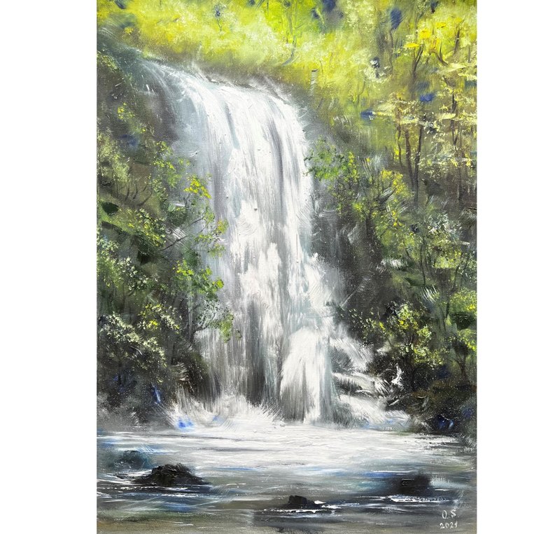 Waterfall Painting Landscape Original Art Oil Painting 70x50 cm/ 28x20 inch - โปสเตอร์ - ผ้าฝ้าย/ผ้าลินิน 