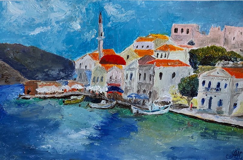 Greece Original oil painting cityscape wall art hand painted 8,3x5,3 inch - 壁貼/牆壁裝飾 - 其他材質 藍色
