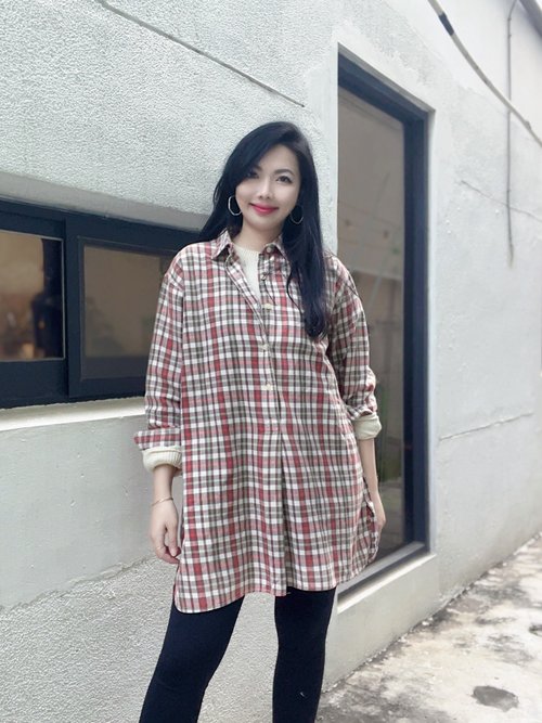 河水山 60s-70s Europe pull over shirt 橘咖色歐洲法蘭絨格紋長版襯衫