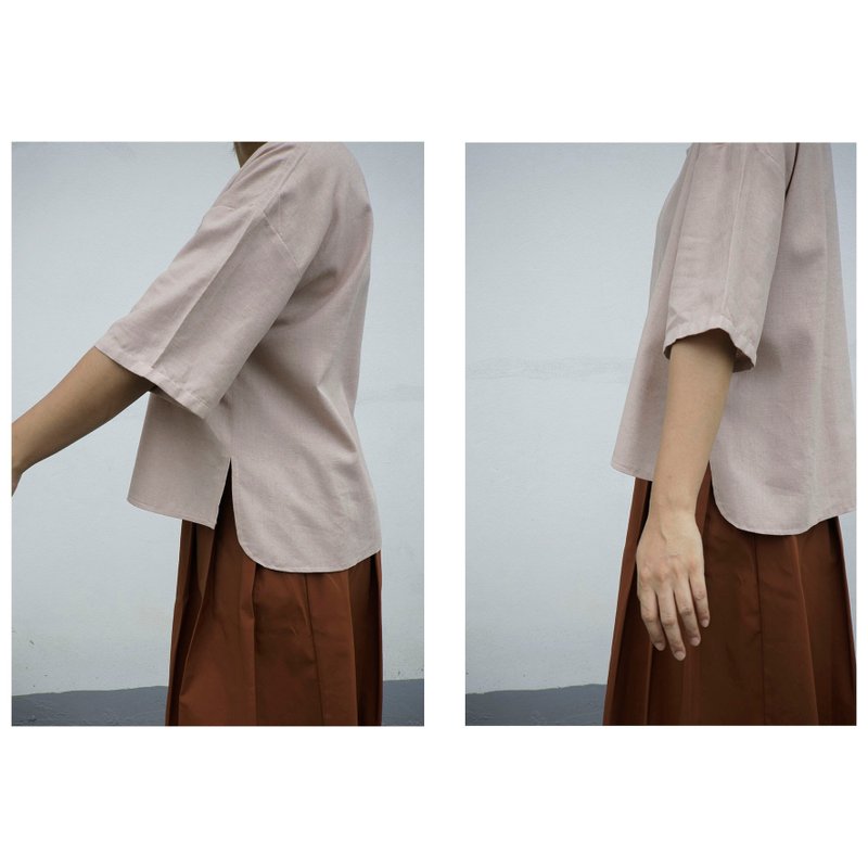 Cotton | Round neck shirt, short sleeves, dull pink - 女上衣/長袖上衣 - 棉．麻 粉紅色