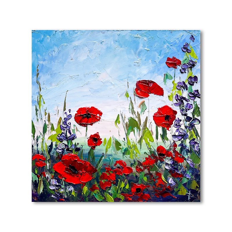 Poppies painting Original Art Long Painting Flowers Painting - Wall Décor - Other Materials Red