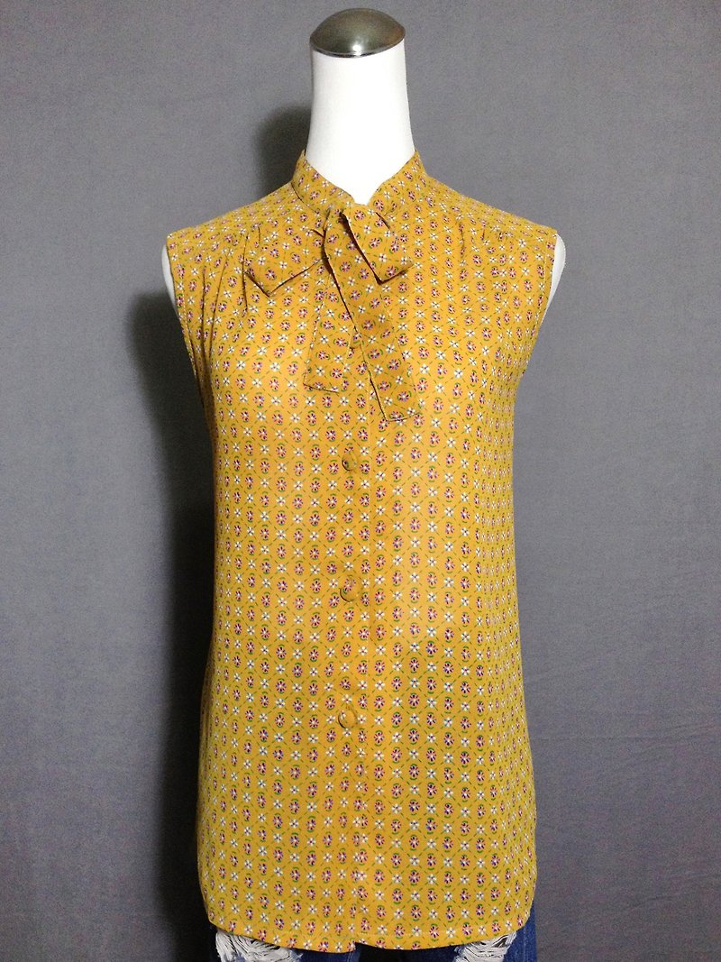 Ping-pong vintage [vintage shirt / tie flowers vintage chiffon sleeveless shirt] abroad back VINTAGE - เสื้อเชิ้ตผู้หญิง - เส้นใยสังเคราะห์ สีเหลือง