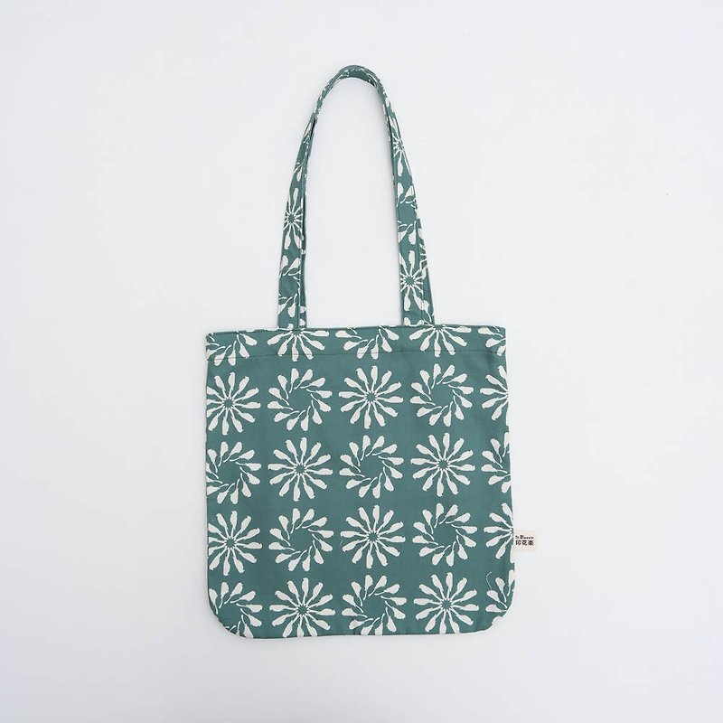 Rounded square shopping bag/black autumn circle/teal green (handle lengthened) - กระเป๋าถือ - ผ้าฝ้าย/ผ้าลินิน สีเขียว