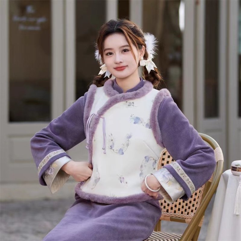 Miss Republic of China Chinese purple dress cheongsam autumn and winter quilted vest new Chinese style Spring Festival dress - One Piece Dresses - Polyester Purple