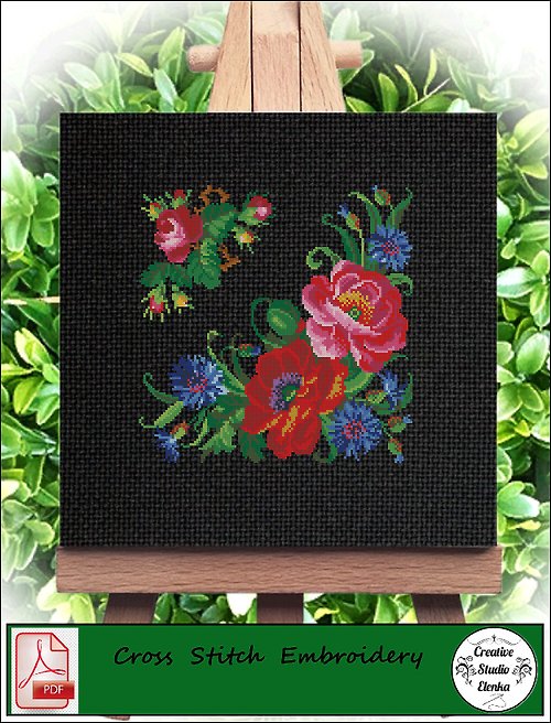 CreativeStudioElenka Vintage Cross Stitch Scheme Roses and cornflowers - PDF Embroidery Scheme