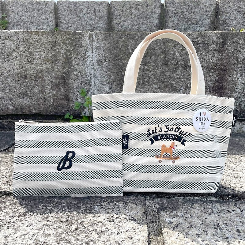 Personalized Shiba Inu Takeyari Canvas Mini Tote Bag & Pouch Set - กระเป๋าถือ - ผ้าฝ้าย/ผ้าลินิน ขาว