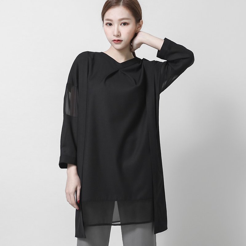 SU: MI said Muse Miao Si cut different material coat _6AF011_ black - Women's Tops - Polyester Black