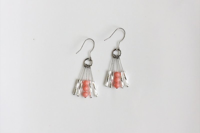 銀色流蘇 不鏽鋼天然石造型耳環 - 耳環/耳夾 - 玻璃 粉紅色