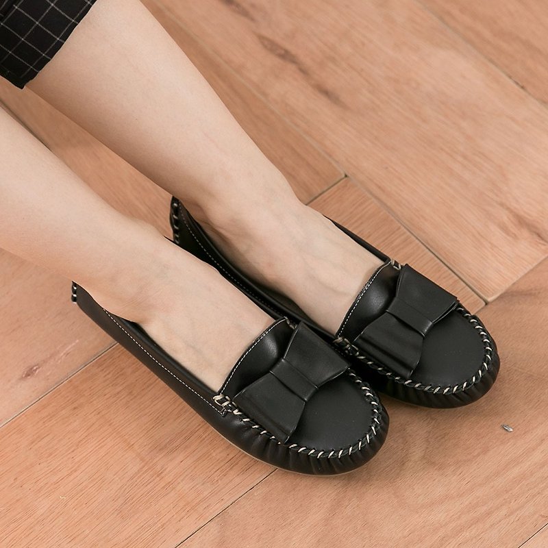 Maffeo 豆豆鞋 甜美大蝴蝶結糖果色樂福豆豆鞋(524經典黑) - 芭蕾舞鞋/平底鞋 - 真皮 黑色