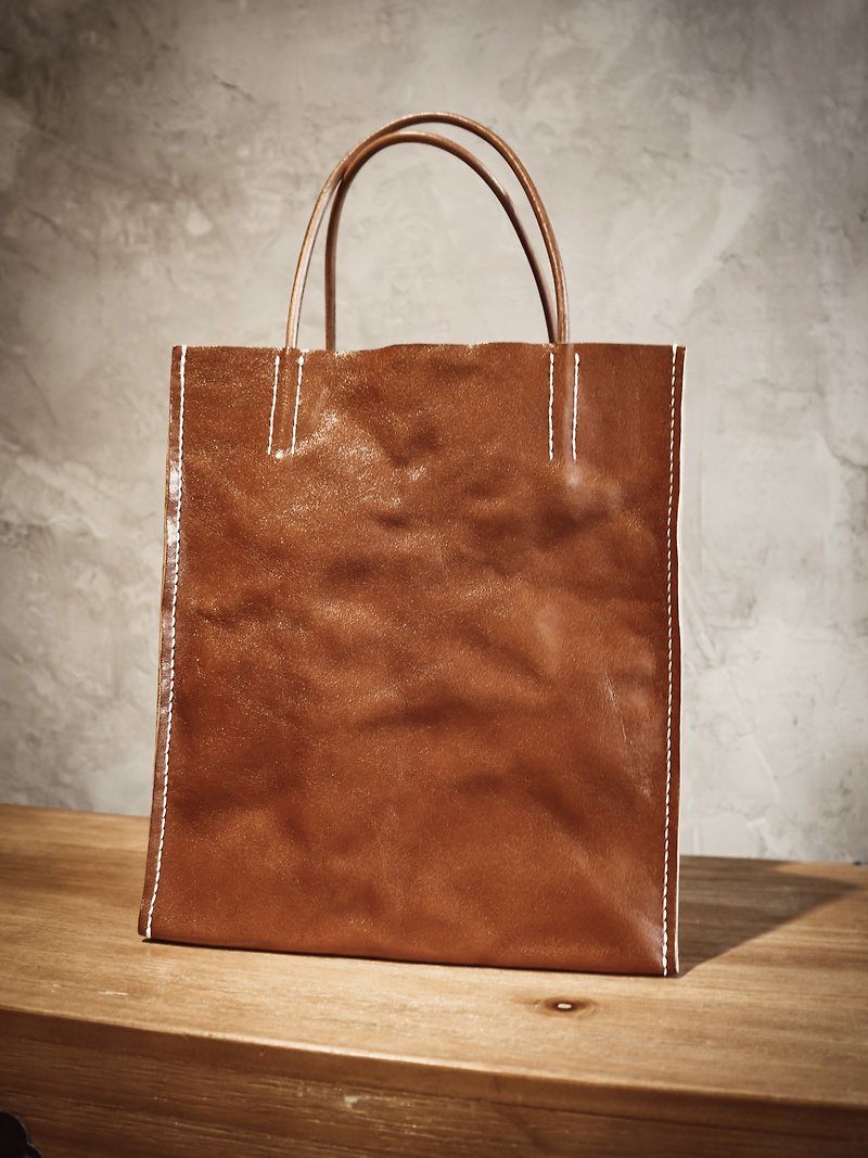Leather hand-sewn leather paper bag/ leather paper bag/ genuine leather/ vegetable tanned leather/ daily necessities/ leather bags - กระเป๋าถือ - หนังแท้ 