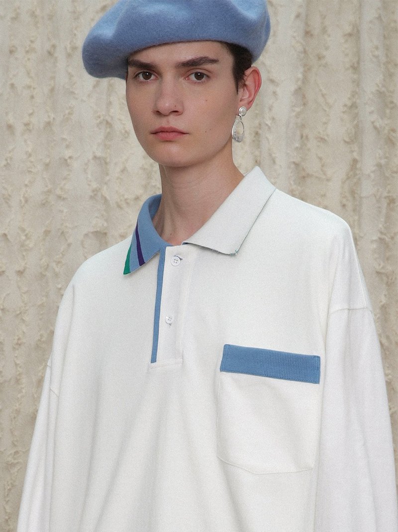 UNVESNO Patchwork Collar Trendy Brand Polo Collar Long Sleeve T-Shirt for Men, Spring/Autumn Trend, INS Style Fall Apparel SWS-1419 - เสื้อยืดผู้ชาย - ผ้าฝ้าย/ผ้าลินิน ขาว