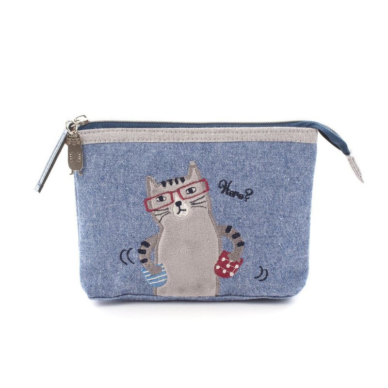 Kusuguru Japan Coin Purse Layered Double Pocket Zipper Small Item Bag Separate Storage Bag Cat Ze Series - กระเป๋าใส่เหรียญ - เส้นใยสังเคราะห์ สีน้ำเงิน