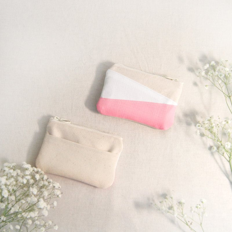 Ready-made handmade color-blocked ticket card laminated coin purse - pink strawberry color - กระเป๋าใส่เหรียญ - ผ้าฝ้าย/ผ้าลินิน สึชมพู