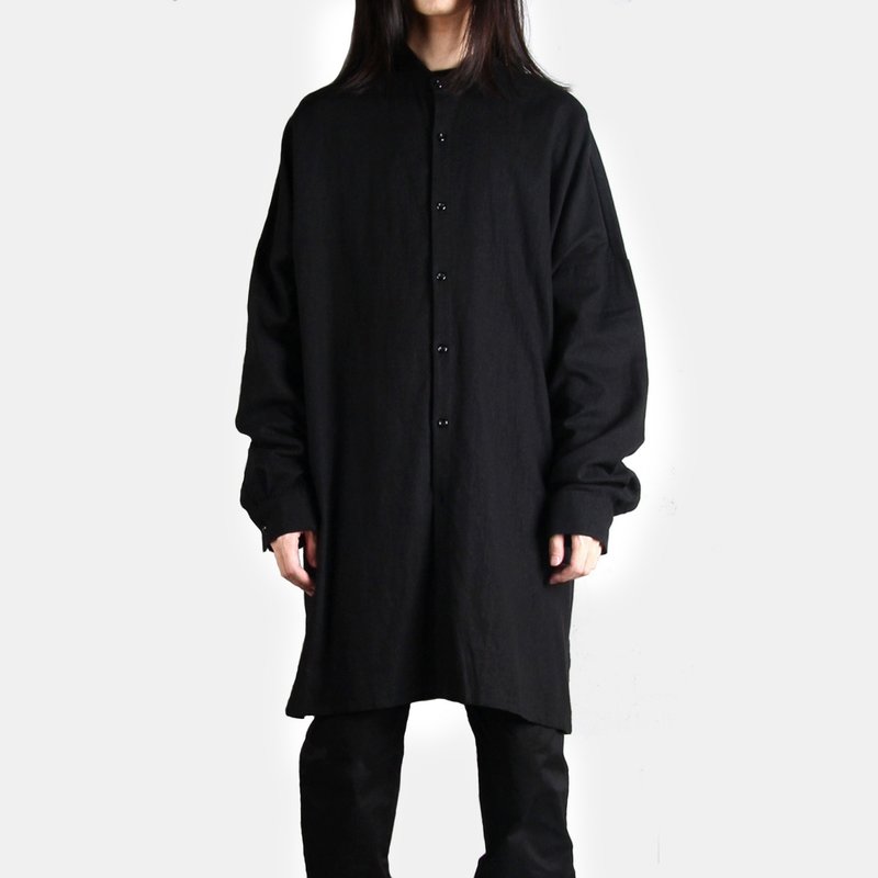 Non-collar cotton long shirt - เสื้อเชิ้ตผู้ชาย - ผ้าฝ้าย/ผ้าลินิน สีดำ