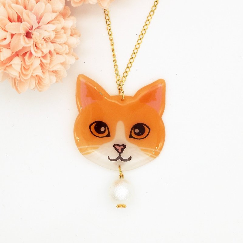 Meow handmade cat and cotton pearl necklace - yellow and white cat - สร้อยคอ - อะคริลิค สีนำ้ตาล