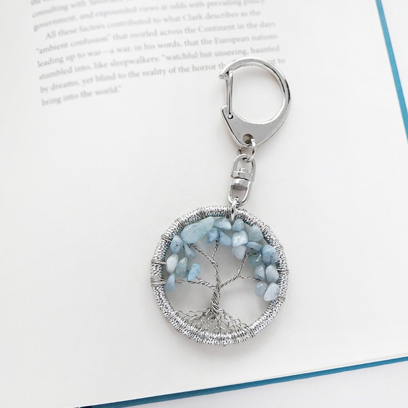 Energy Crystal‧Wishing Tree丨Aquamarine Handmade Good Luck Dream Catcher Pendant Keychain - พวงกุญแจ - วัสดุอื่นๆ สีน้ำเงิน