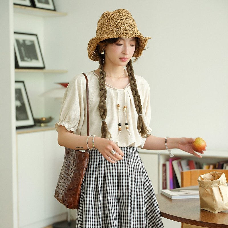 Colorful wooden bead puff sleeve shirt | shirt | top | summer | Sora-1242 - เสื้อเชิ้ตผู้หญิง - ผ้าฝ้าย/ผ้าลินิน 