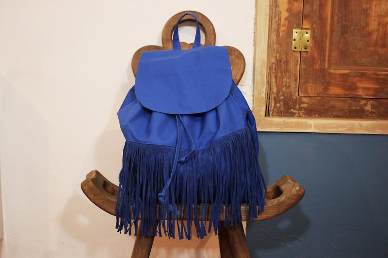 B145藍色流蘇設計後背包 - 後背包/書包 - 聚酯纖維 藍色