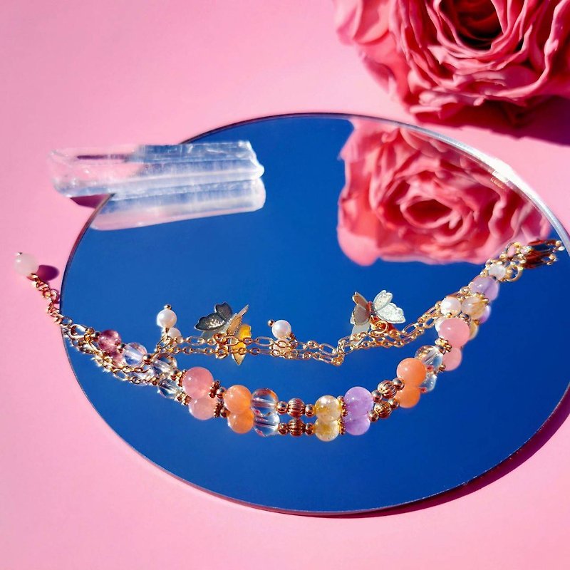 Butterfly loves flowers. Pink Quartz Freshwater Pearl Citrine 14K Gold Plated Crystal Mineral Design Bracelet - สร้อยข้อมือ - คริสตัล สึชมพู