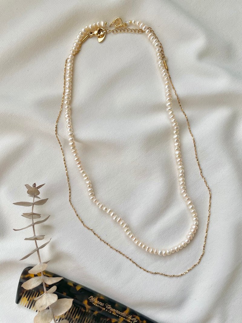 Natural Pearl Necklace Double Layer Necklace Steel Chain Two Sets of Necklaces - สร้อยคอ - ไข่มุก ขาว