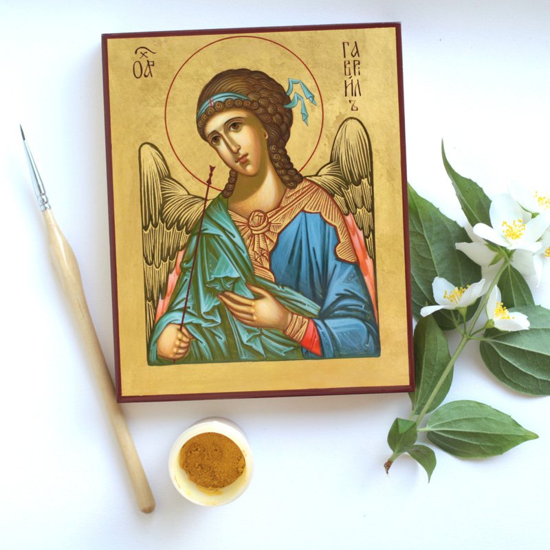 hand painted orthodox wood icon  Saint  Archangel Gabriel pocket size miniature - Other - Wood Red